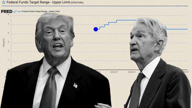 Illustration of Donald Trump and Jerome Powell in front of a graph of the upper limit of the federal funds target range | Illustration: Eddie Marshall | Aaron Schwartz | Sipa USA | Newscom | Federal Reserve Bank of St Louis
