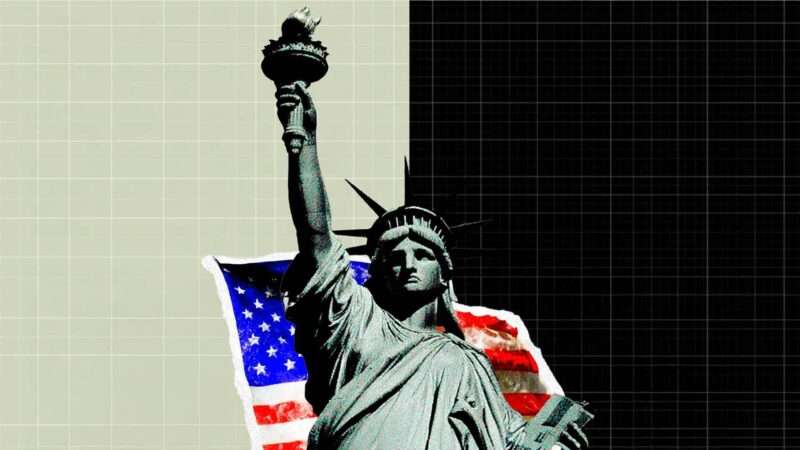 The Statute of Liberty stands in front of the American flag | Illustration: Eddie Marshall | Midjourney