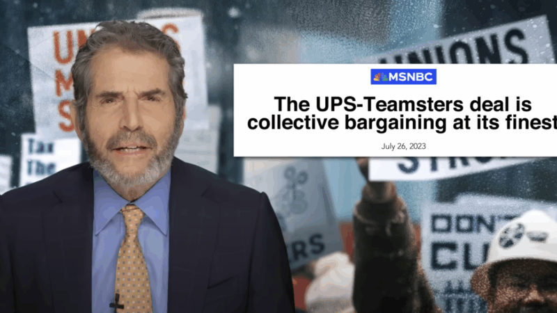 John Stossel appears next to an MSNBC headline that reads, "The UPS-Teamsters deal is collective bargaining at its finest." | Stossel TV