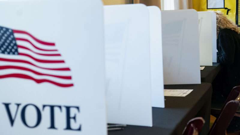 A polling place in Virginia, with dividers set up that say 