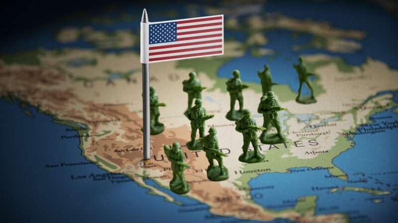 Toy army figures and a small American flag on a map of the United States | Illustration: Eddie Marshall | Butenkow | Dreamstime.com | Midjourney