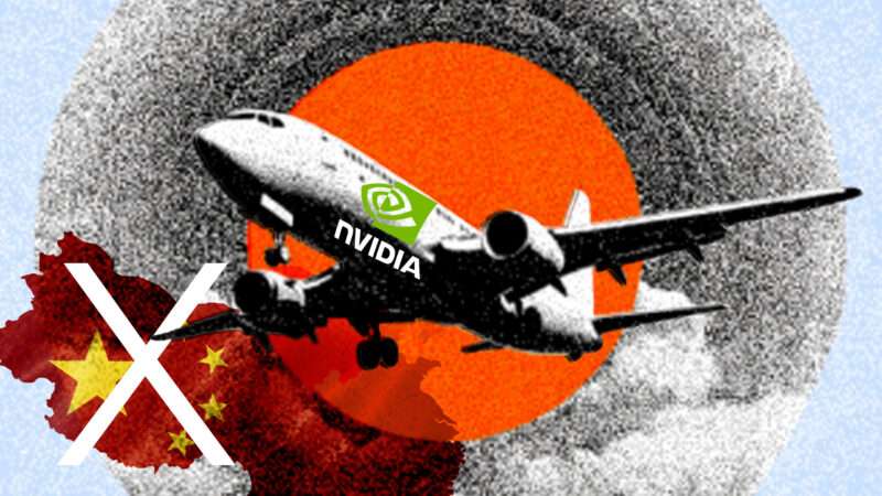 Airplane, with Nvidia logo and a Chinese flag in the background | Illustration: Eddie Marshall | Vasile Bobirnac | Dreamstime.com | Midjourney