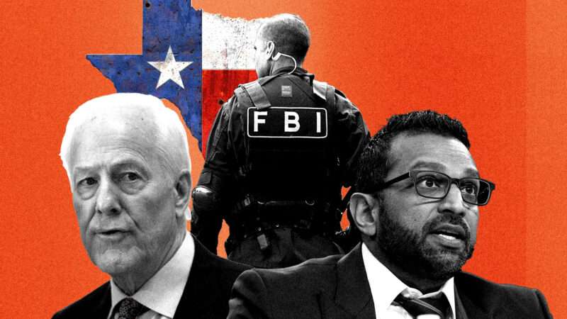 John Cornyn and Kash Patel, in front of a Texas shaped flag and an FBI agent | Illustration: Eddie Marshall | Mattie Neretin | CNP | Polaris | Graeme Sloan | Sipa USA | Newscom | Kevynbj | Dreamstime.com | Shinsuke Ikegame | Wikimedia Commons