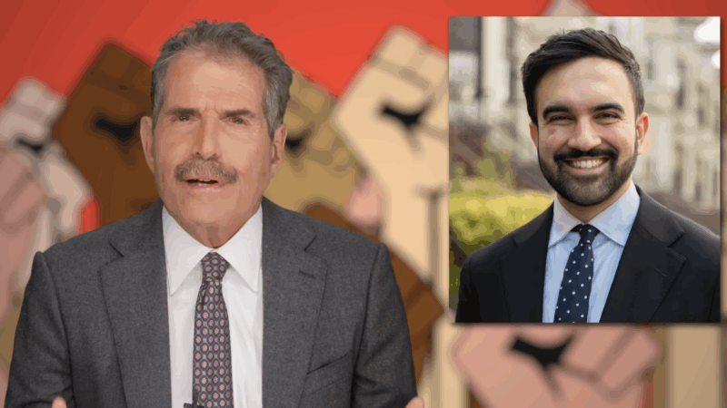 John Stossel is seen next to an image of Zohran Mamdami | Stossel TV