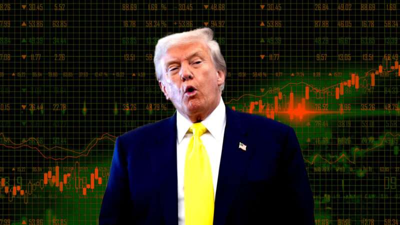 President Donald Trump in a blue suit and yellow tie, against the backdrop of a graph with the numbers going steadily upward. | Illustration: Eddie Marshall | Daniil Peshkov | Dreamstime.com | Yuri Gripas | Pool via CNP | CNP | Polaris | Newscom