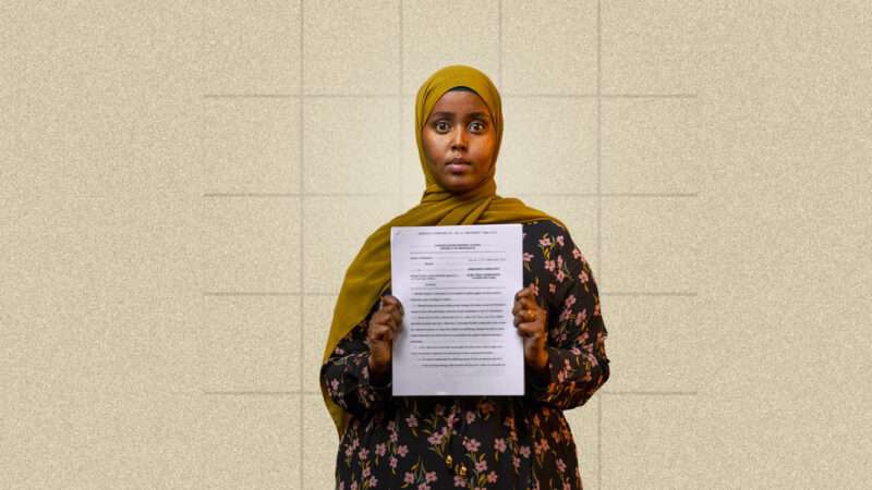 Hamdi Mohamud holds up her complaint against Officer Heather Weyker | Illustration: Eddie Marshall | Institute for Justice