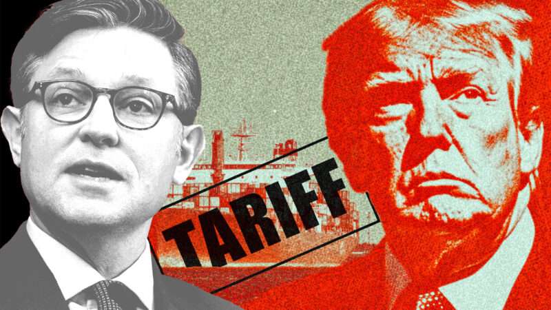 Illustration of Speaker of the House Mike Johnson and President Donald Trump with "Tariff" between them | Illustration: Eddie Marshall | Michael Brochstein | Sipa USA | Newscom | Midjourney