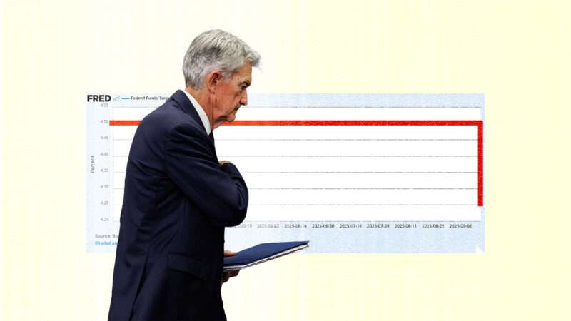 Illustration of Jerome Powell in front of a graph of the Federal Reserve's upper limit for the federal funds rate | Illustration: Eddie Marshall | Samuel Corum | Sipa USA | Newscom | Federal Reserve Bank of St Louis