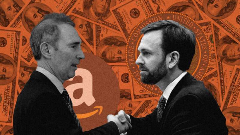 Illustration of Amazon CEO Andy Jassy shaking hands with FTC Chair Andrew Ferguson with dollar bills raining down in the background | Illustration: Eddie Marshall | Ozgur Coskun | Dreamstime.com BONNIE CASH | UPI | Simon Dawson | Avalon| Newscom