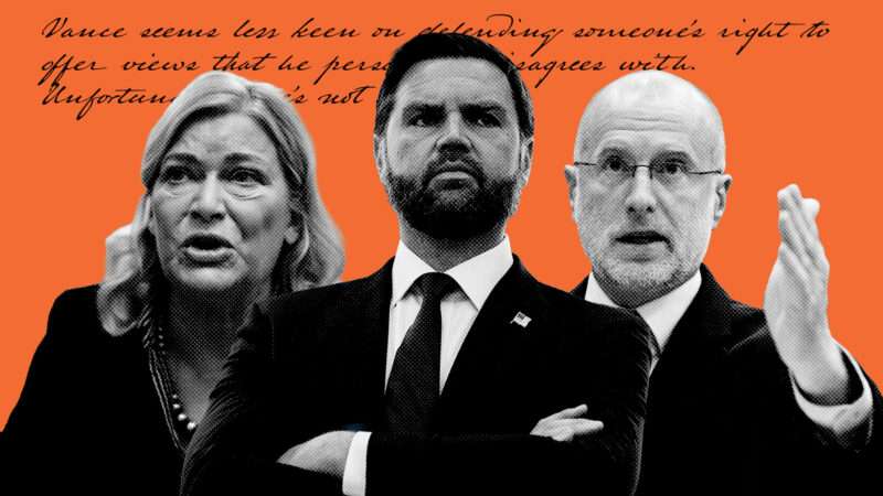 Sen. Cynthia Lummis (R–Wyo.), Vice President J.D. Vance, and Federal Communications Commission Chairman Brendan Carr | Illustration: Eddie Marshall | Al Drago - Pool via CNP |picture alliance | Consolidated News Photos | Tom Williams | CQ Roll Call | Michael Brochstein | Sipa USA | Newscom