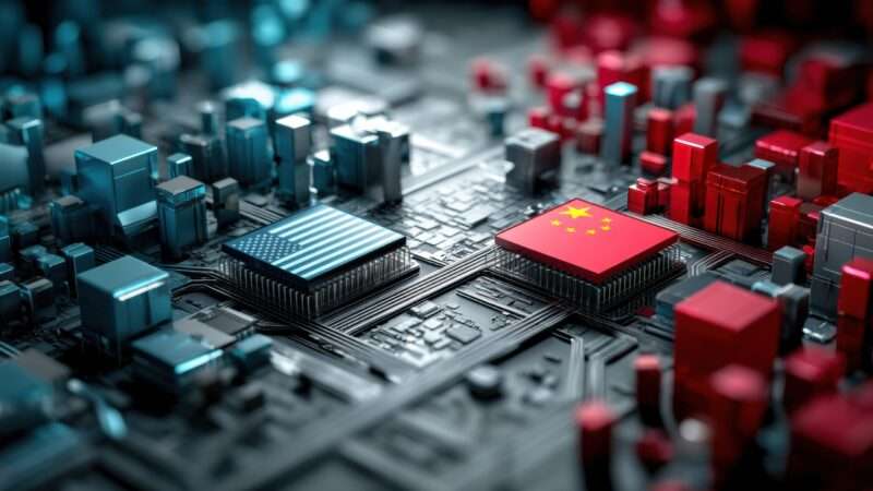 A close view of some technology hardware, one side tinted blue with an American flag and the other tinted red with the Chinese flag | ID 378942566 ©  Anatolii Savitskii | Dreamstime.com