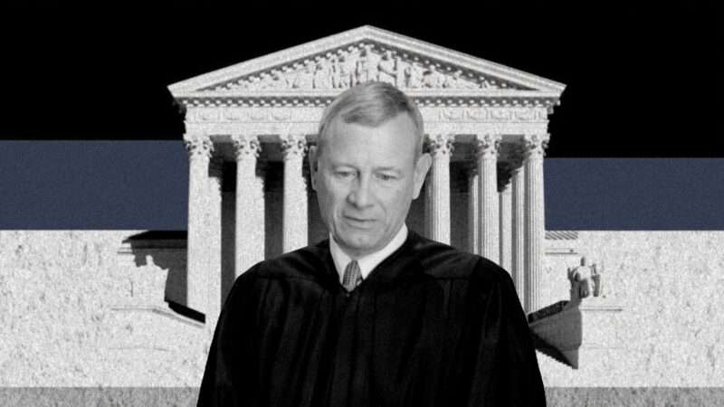 A black and white image of John Roberts in the foreground and the United States Supreme Court building in the background | Illustration: Eddie Marshall | BONNIE CASH | UPI | Newscom | Midjourney