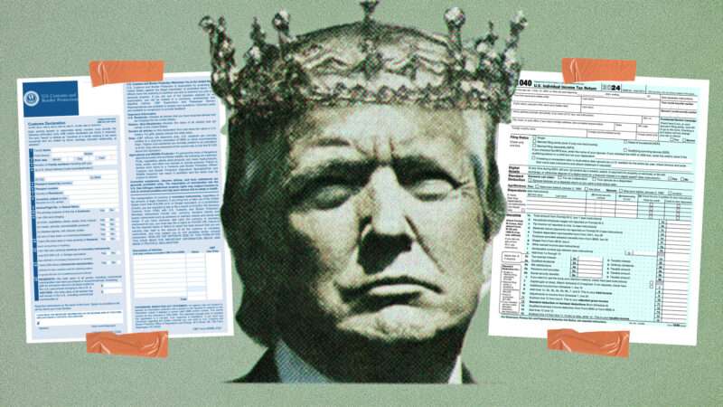 Illustration of President Donald Trump wearing a crown bracketed by a tax form (right) and a customs form (left) | Illustration: Eddie Marshall | Midjourney