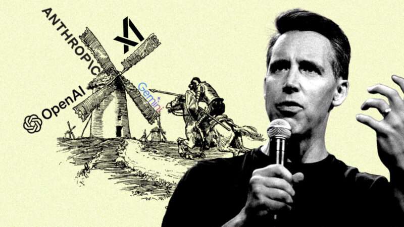 An illustration of Sen. Josh Hawley (R–Mo.) in front of a man on horseback charging at a windmill, featuring the names of major AI companies on its blades | Illustration: Eddie Marshall | Gage Skidmore | Wikimedia Commons