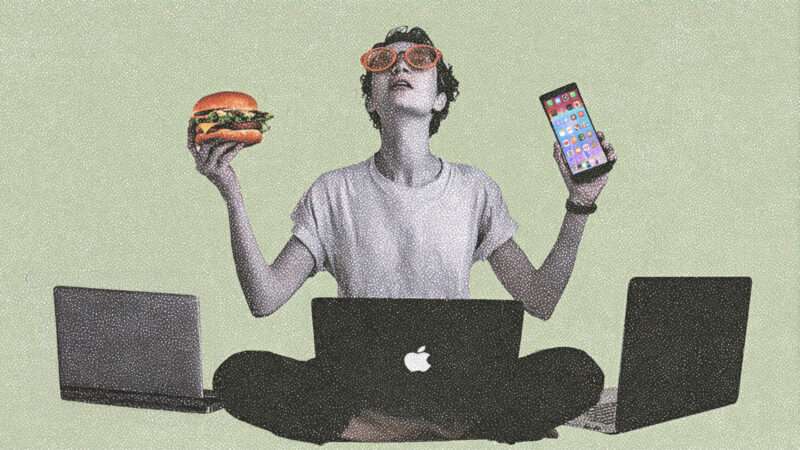 Person sitting with 3 laptops, holding a sandwich and a phone | Illustration: Eddie Marshall | Midjourney