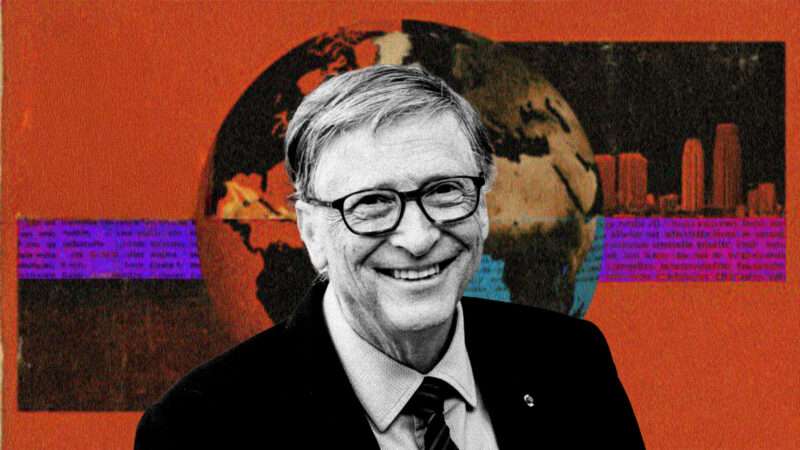 Bill Gates against an orange, purple, and blue tinted background of Earth | Illustration: Eddie Marshall | Frédéric Legrand | Dreamstime.com | Midjourney