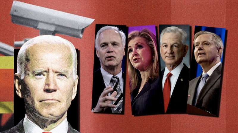 President Joe Biden, alongside a surveillance camera pointed at Republican Sens. Ron Johnson, Marsha Blackburn, Tommy Tuberville, and Lindsey Graham. | Illustration: Eddie Marshall | Gage Skidmore | John Pemble | Wikimedia Commons | Midjourney