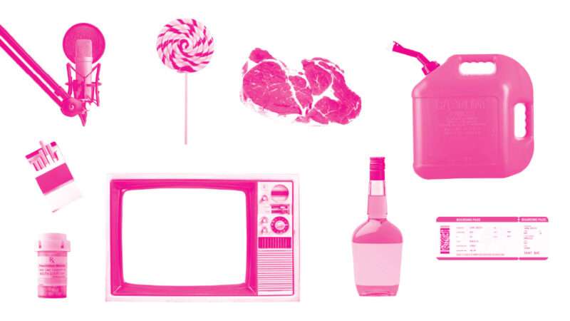 An illustration showing items such as a TV, a wine bottle, a gasoline can, and a microphone | Photos: iStock