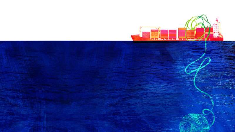 An illustration of a cargo ship attached to a ball of yarn | Illustration: Joanna Andreasson; Source images: iStock