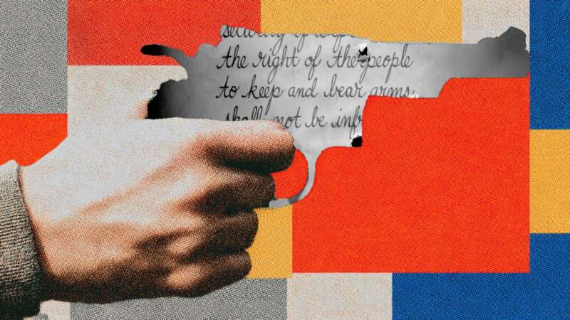 A multi-colored background with a hand holding the outline of a gun that is filled with the words of the Second Amendment | Illustration: Eddie Marshall | Elliot Burlingham | Dreamstime.com | Midjourney