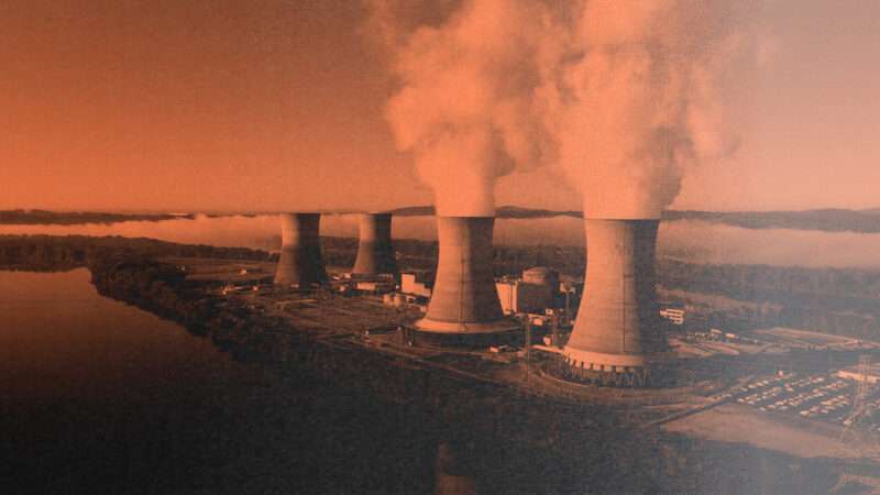 An orange-tinted aerial view of the Three Mile Island nuclear plant | Illustration: Eddie Marshall | Constellation Energy