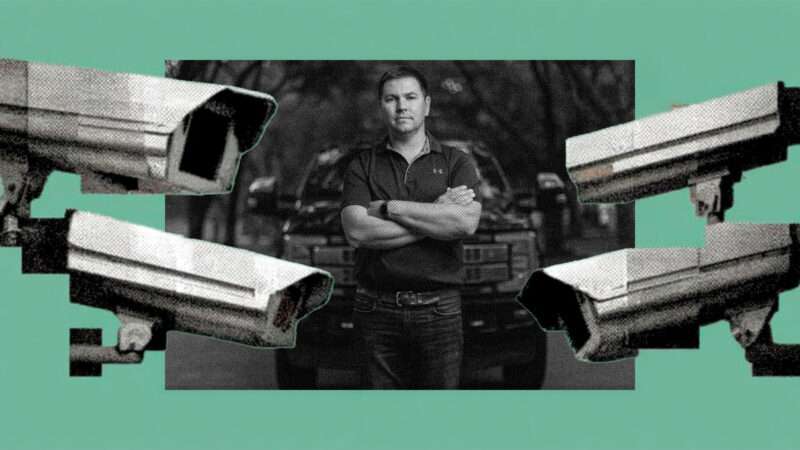 A man,, surrounded by surveillance cameras | Illustration: Eddie Marshall | Institute for Justice | Midjourney