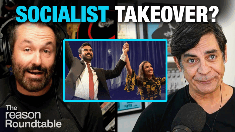 Peter Suderman appears on the left, speaking into a microphone. Nick Gillespie is on the right, with a surprised expression. In the center, Zohran Mamdani and Representative Alexandria Ocasio-Cortez stand onstage, smiling and holding hands raised in the air. Large turquoise and white text at the top reads “SOCIALIST TAKEOVER?” | Illustration: Eddie Marshall