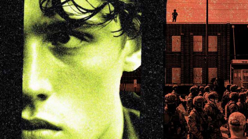 Detainee, with federal law enforcement in the background | Illustration: Eddie Marshall | Paul Goyette | Midjourney