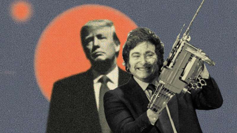 Javier Milei holding a chainsaw, with Donald Trump in the background | Illustration: Eddie Marshall | Joshua Sukoff | Medill News Service | Newscom | Midjourney