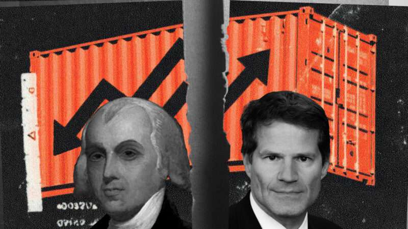Illustration featuring James Madison (left) and John Sauer (right) in front of a shipping container | Illustration: Eddie Marshall | Midjourney