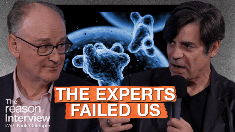 Matt Ridley is on the left, looking toward Nick Gillespie on the right, who speaks into a handheld microphone. A blue microscopic image of bacteria fills the background, and orange text across the center reads “THE EXPERTS FAILED US.” | Illustration: Eddie Marshall