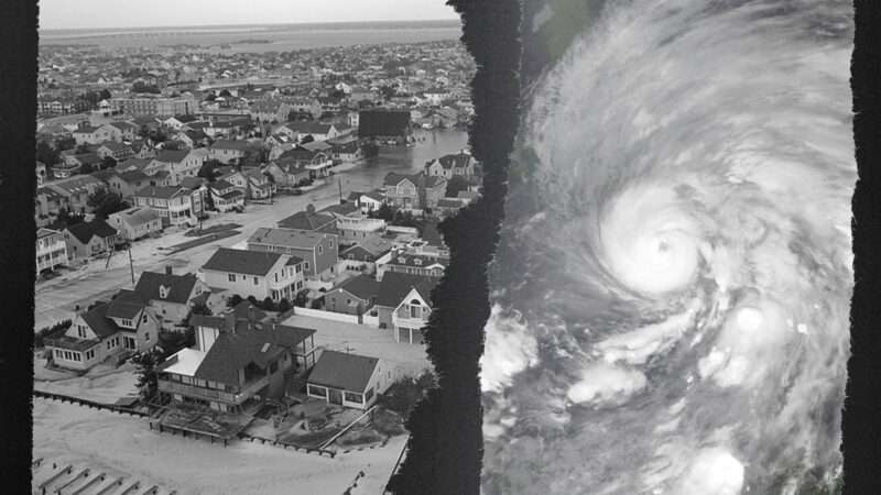 Black and white images side by side, the left of an aerial view of a flooded town and the right of the eye of a hurricane | Illustration: Eddie Marshall | DVIDSHUB | NASA