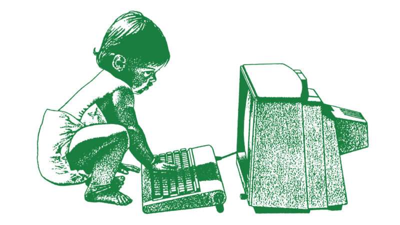 An illustration of a toddler typing on an old computer | Photo: csa-archive/iStock