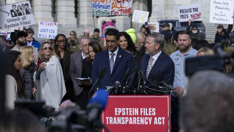 Rep. Thomas Massie (R-KY) (R) speaks alongside Rep. Ro Khanna (D-CA) (L), and Epstein abuse survivors during a news conference on the Epstein Files Transparency Act outside the U.S. Capitol in Washington, D.C., on November 18, 2025. | Mehmet Eser/ZUMAPRESS/Newscom