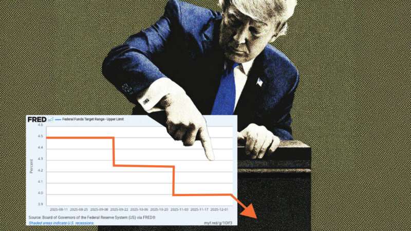 Illustration of President Donald Trump pushing down the upper limit of the federal funds rate | Illustration: Eddie Marshall | Midjourney