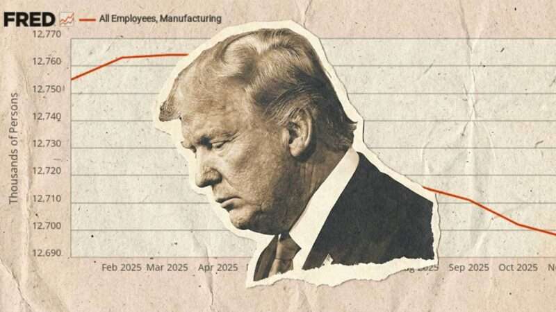 Illustration of President Donald Trump looking disappointed in front of a graph of declining manufacturing employment | Illustration: Eddie Marshall | Nano Banana
