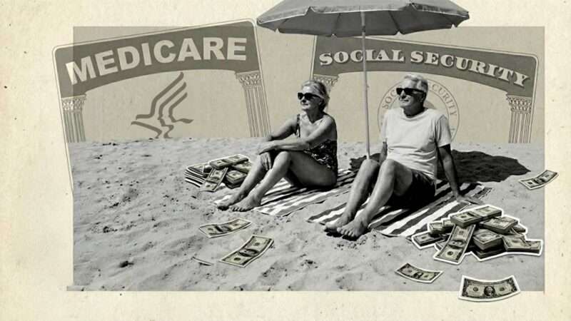 Two Baby Boomers on a beach, with Medicare and Social Security cards behind them | Illustration: Eddie Marshall | Nano Banana