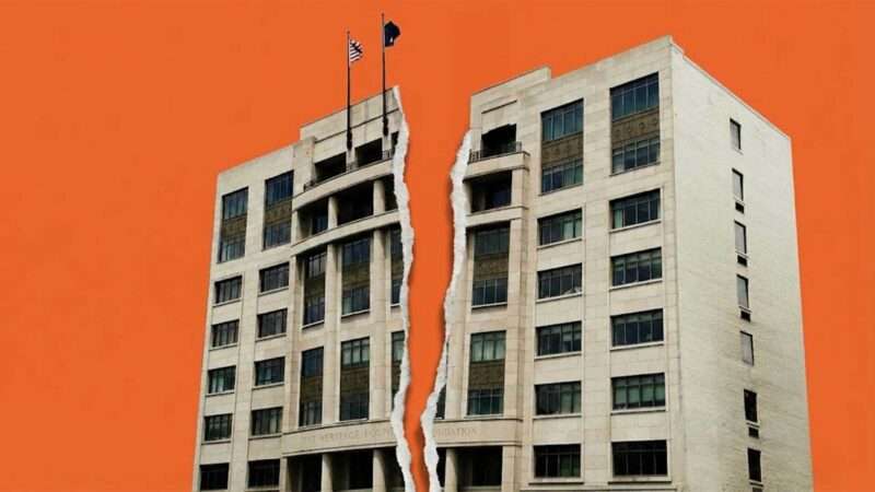 The Heritage Foundation's headquarters in Washington, D.C., splits in half. | Illustration: Eddie Marshall | Ser Amantio di Nicolao | Nano Banana