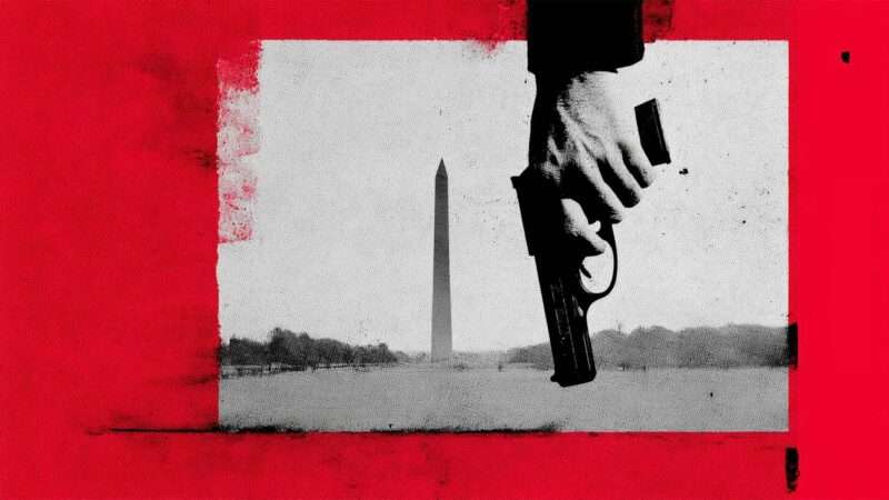 A hand holding a handgun with the Washington monument in the background | Illustration: Eddie Marshall | Midjourney