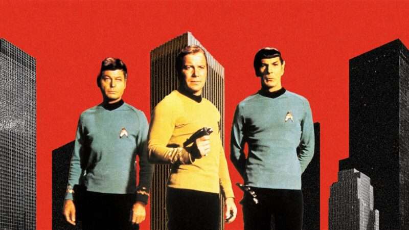 An illustration of Star Trek characters standing in front of tall buildings | Illustration: Eddie Marshall | PARAMOUNT TV | Album | Newscom | Midjourney