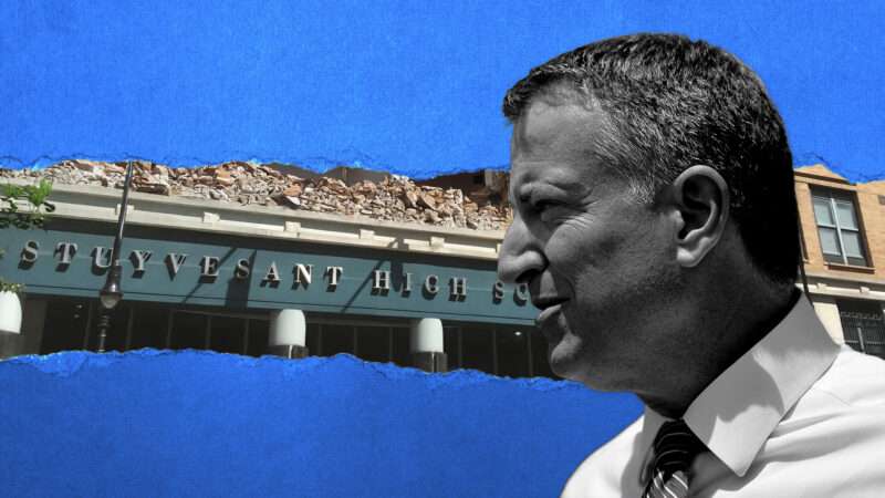 Illustration of Bill de Blasio in front of Stuyvesant High School | Illustration: Eddie Marshall | Diana Robinson | Kidfly182 | Francosmphotos | Dreamstime.com