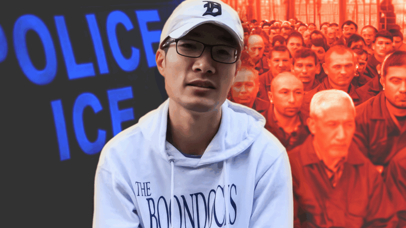 Guan Heng pictured on a background with images about immigration and detainment camps | Illustration: Adani Samat Photo: guanguanofficial/Youtube