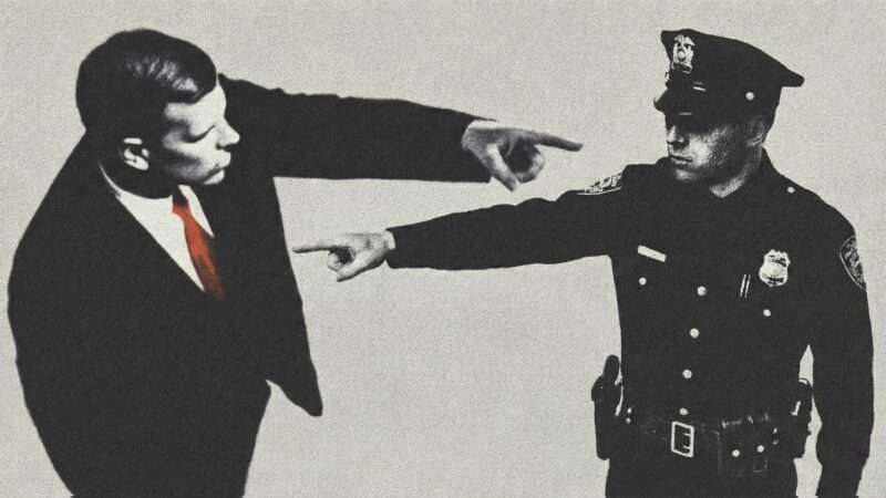 A man in a suit and a police officer point fingers at each other | Eddie Marshall | Midjourney | Nano Banana