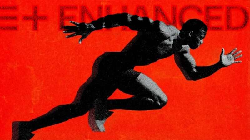 On a red background, a sprinter leaning forward to the right and starting his sprinting stride. | Illustration: Eddie Marshall | Midjourney