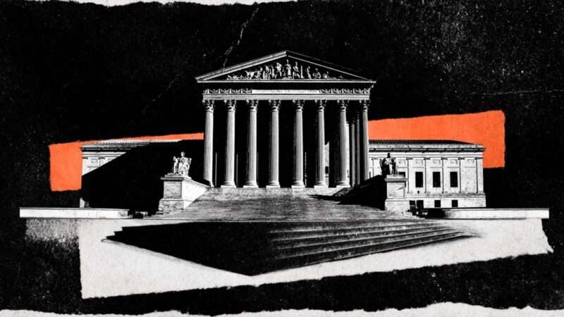 U.S. Supreme Court building, with dark background and orange | Illustration: Eddie Marshall | Midjourney