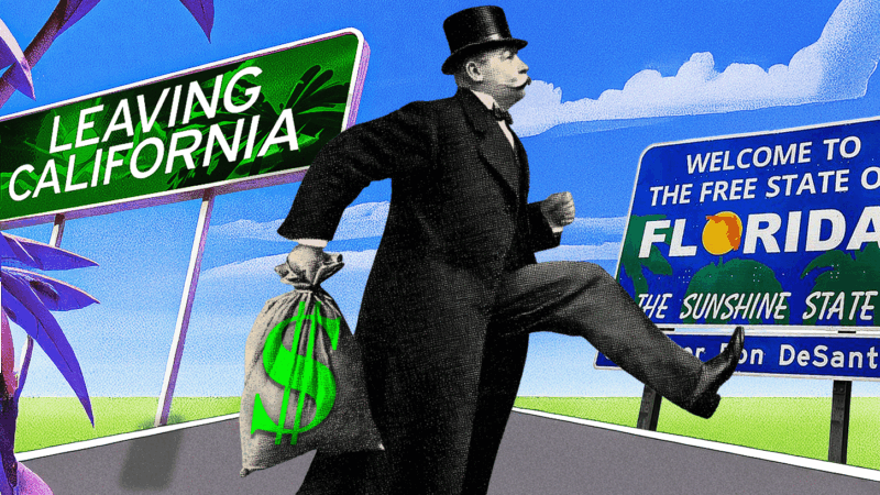 Illustration of a billionaire leaving California for Florida with his money bags | Illustration: Adani Samat/Midjourney