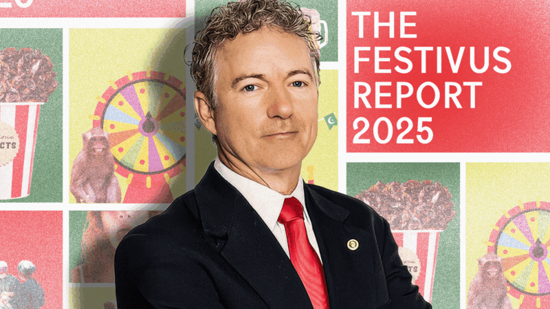 Sen. Rand Paul in front of his annual Festivus report | Illustration: Adani Samat