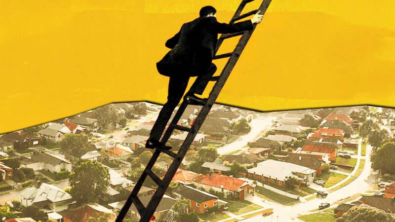 A man climbs a ladder over a suburban, middle-class neighborhood | Illustration: Adani Samat/Midjourney
