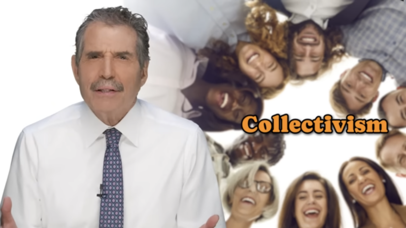 John Stossel seen next to a group of people surrounding the word 