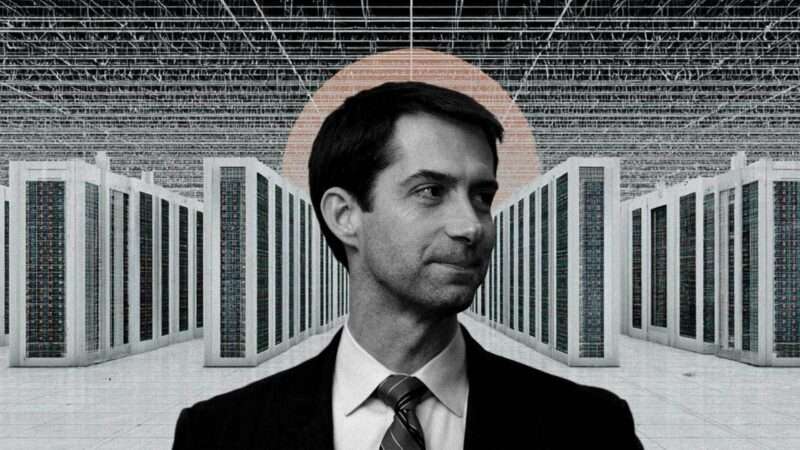 Sen. Tom Cotton (R&ndash;Ark.) and a row of data servers. | Illustration: Eddie Marshall | Michael Vadon | Midjourney
